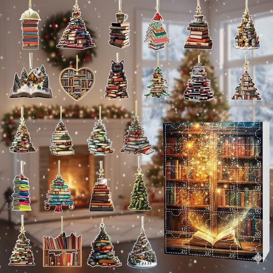 Discover Reading-Themed Advent Calendar  24 2D Book Ornaments Acrylic Set | Gift for Readers, Teachers & Book Clubs | Christmas Book Lover Decor Box