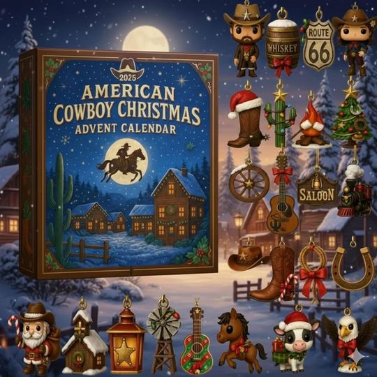 Discover 2025 American Cowboy Christmas Advent Calendar, 24 Western Ornament Set, Rustic Farmhouse Decor, Rancher Christmas Gift