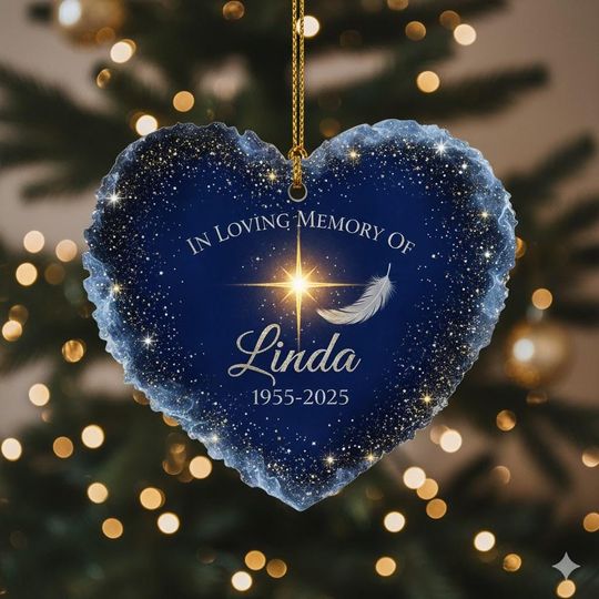 Discover Personalized Memorial Ornament, In Loving Memory Christmas Gift, Blue Star Heart Keepsake, Custom Name Remembrance Decor,Sympathy Tree Decor