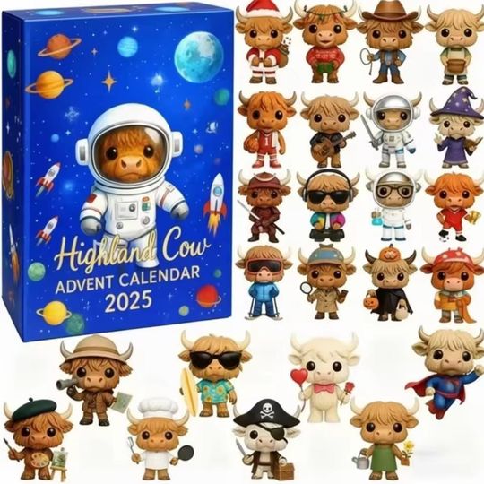 Discover 2025 Highland Cow 3D Advent Calendar 24 Days Astronaut Cow Mystery Box Reusable Cute 3D Highland Cows Ornaments For Christmas Gifts