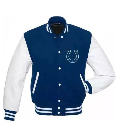 Indianapolis Colts Varsity Jacket White and Blue Wool and Leather Bomber Style Coat