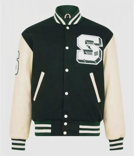 Handmade Green Wool Varsity Jacket with Beige Leather Sleeves