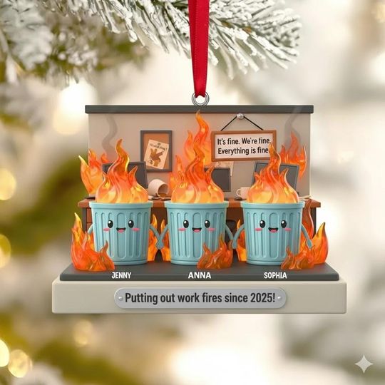 Discover Funny Office Ornament, Work Fire Trash Cans Acrylic Ornament, Personalized Coworker Gift, Work Humor Christmas Decoration