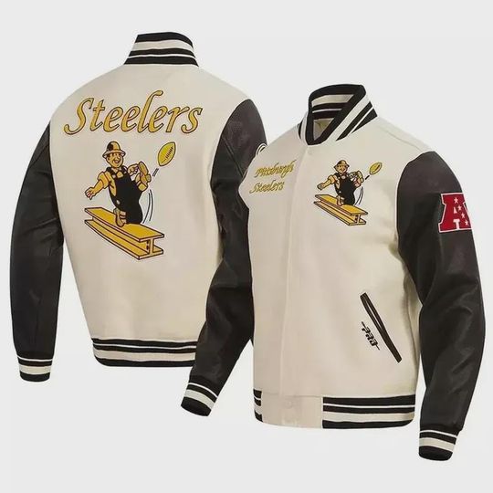 Discover Vintage Pittsburgh Steeler Wool Varsity Jacket: Black Leather Sleeves