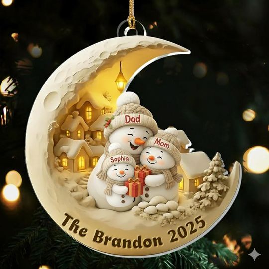 Personalized Family Snowman Ornament, Custom Moon Christmas Ornament 2025, Family Name Holiday Keepsake, Cozy Winter Christmas Decoration
