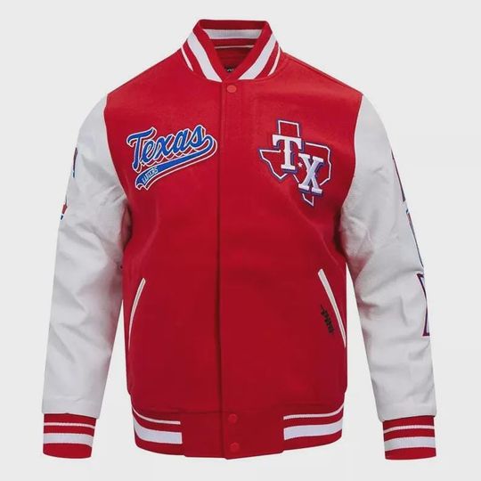Discover Men's Texas Rangers Varsity Jacket, Red Wool & Leather Baseball Jacket
