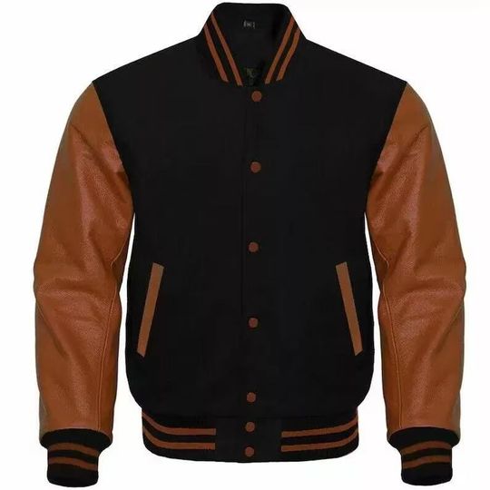 Discover Custom Wool Varsity Jacket with Leather Sleeves - Black & Brown
