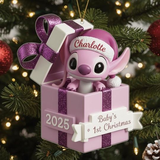 Discover Personalized Angel Stitch Baby First Christmas Ornament 2025, Disney Pink Gift Keepsake, Custom Baby Ornament, Newborn Holiday Decoration