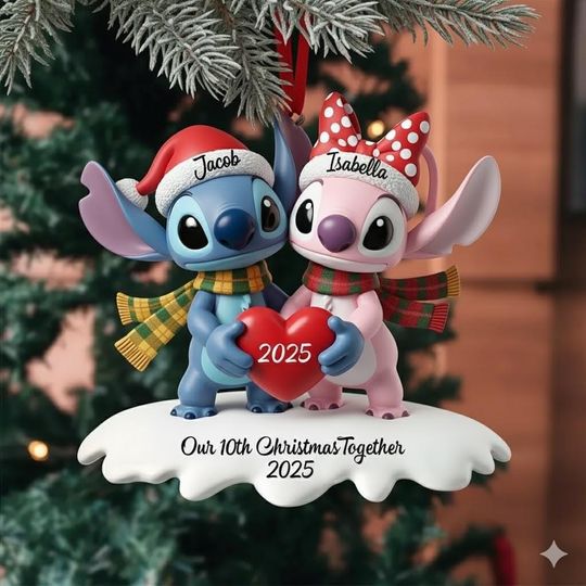 Discover Personalized Stitch and Angel Christmas Ornament, Disney Couple Xmas Gift 2025, Our 10th Christmas Together, Custom Name Holiday Keepsake
