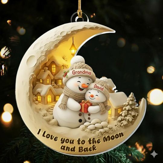 Personalized Snowman Ornament, Grandma and Grandchild Christmas Gift, I Love You to The Moon and Back Decor, Family Holiday Keepsake 2025