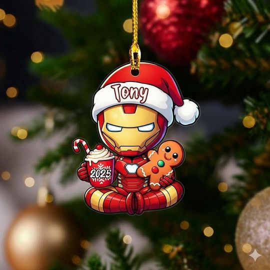 Discover Personalized Iron Man Christmas Ornament, Marvel Superhero Holiday Tree Decoration, Custom Name Avengers Gift 2025, Gingerbread Ornament