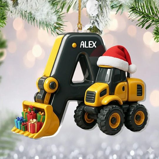 Discover Personalized Construction Truck Letter Ornament 2025, Custom Name Christmas Ornament, Excavator Gift for Kids, Boys Tree Decor