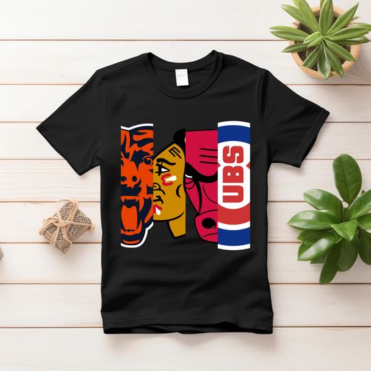 Chicago Sports Teams Graphic T-Shirt Bears Bulls Blackhawks White Sox Cubs