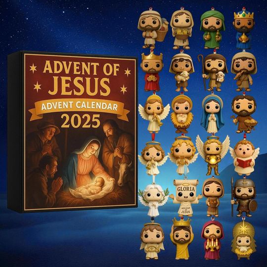 Jesus Christmas Advent Calendar with 24 2D Flat Acrylic Ornaments, Xmas Countdown Calendar Gifts for Kids Boys Girls Christmas Gift