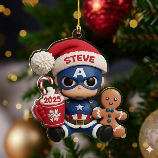 Personalized Marvel Captain America Christmas Ornament, Superhero Customized 2025 Christmas Tree Decor, Captain Santa Hat Xmas Gift For Kid