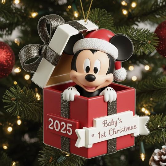Discover Personalized Mickey Mouse Baby First Christmas Ornament 2025, Disney Gift Box Keepsake, Custom Baby Ornament, Newborn Holiday Decoration