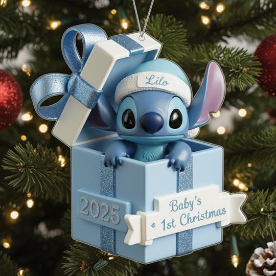 Discover Personalized Stitch Baby First Christmas Ornament 2025, Lilo and Stitch Gift Box Keepsake, Custom Disney Ornament, Newborn Holiday Decor