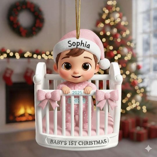 Personalized Baby Girl First Christmas Ornament 2025, Custom Pink Crib Keepsake, Newborn Holiday Decoration, Gift for New Parents