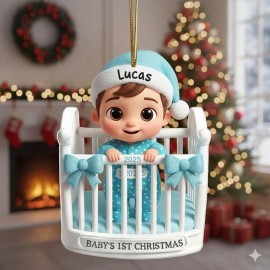Discover Personalized Baby Boy First Christmas Ornament 2025, Custom Name Blue Crib Keepsake, Newborn Holiday Gift for Parents