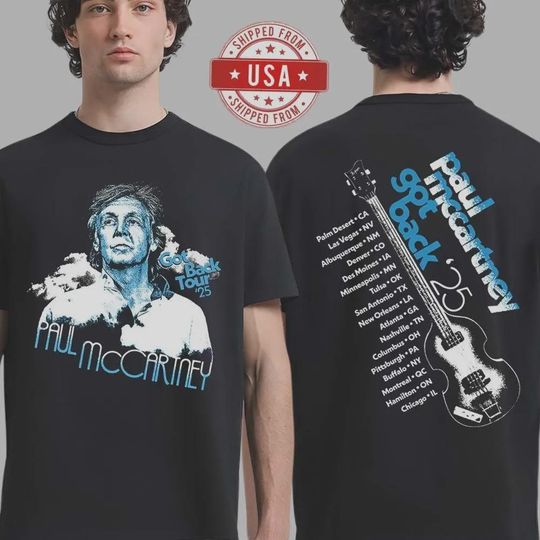 Discover Pa.ul Mc.Cartney Got Back Tour 2025 Graphic With City Stops Guitar T-Shirt