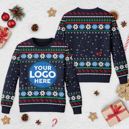 Discover Custom Logo Company Ugly Christmas Sweater, Custom Name Xmas Sweatshirt, Personalized Ugly Sweater 2025, Ugly Sweater With Picture Photo Tee