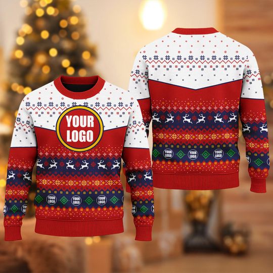 Custom Logo Ugly Christmas Sweater, Personalized Logo Team Xmas Holiday Sweatshirt, Custom Photo Image Christmas Gift For Company