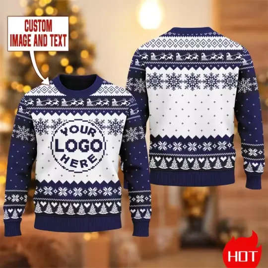 Discover Custom Logo Ugly Christmas Sweater Personalized Holiday Pullover Blue