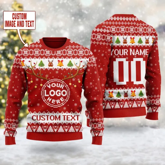 Discover Custom Red Christmas Sweater – Personalized Ugly Xmas Jumper with Logo, Name