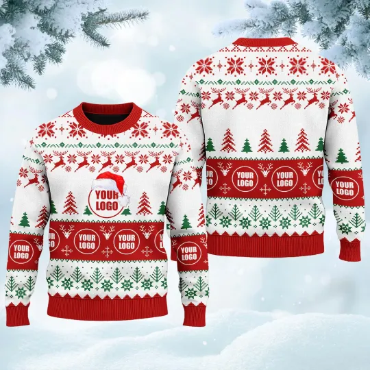 Discover Custom White Red Christmas Sweater – Personalized Ugly Xmas Jumper with Logo