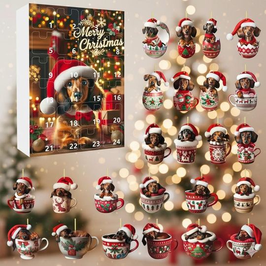 Discover Christmas Dog Advent Calendar, 24 2D Dachshund Acrylic Ornaments, Wiener Dog Christmas Decor, Dog Lover Gift, Holiday Countdown Calendar