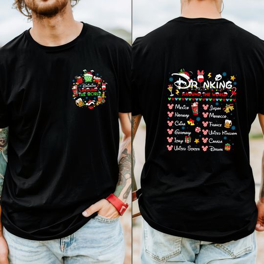 Discover Two-Sided Disney Christmas 2025 Drinking Around The World Checklist Shirt, 2026 Drinking Team Tee, New Year