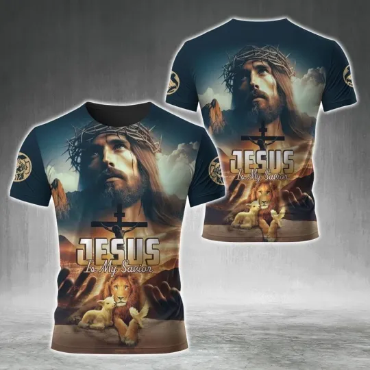 3D Hand of God Lion Lamb Christian Cross T-Shirt Jesus Savior Men's Clothing