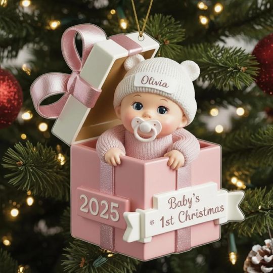Personalized Babys First Christmas Ornament, Custom Name Pink Gift Box Keepsake 2025, Newborn Girl Holiday Ornament, Baby Shower Gift