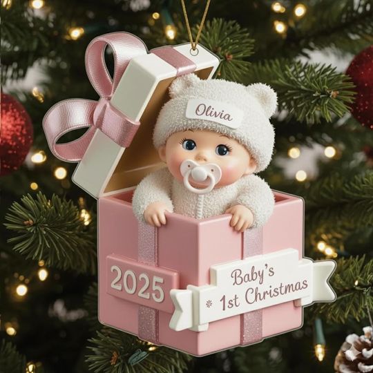 Discover Personalized Babys First Christmas Ornament, Custom Name Pink Gift Box Keepsake 2025, Newborn Girl Ornament, Baby Shower Gift Idea