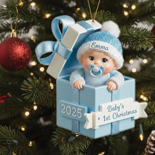Discover Personalized Babys First Christmas Ornament, Custom Name Blue Gift Box Keepsake 2025, Newborn Boy Ornament, Baby Shower Gift Idea