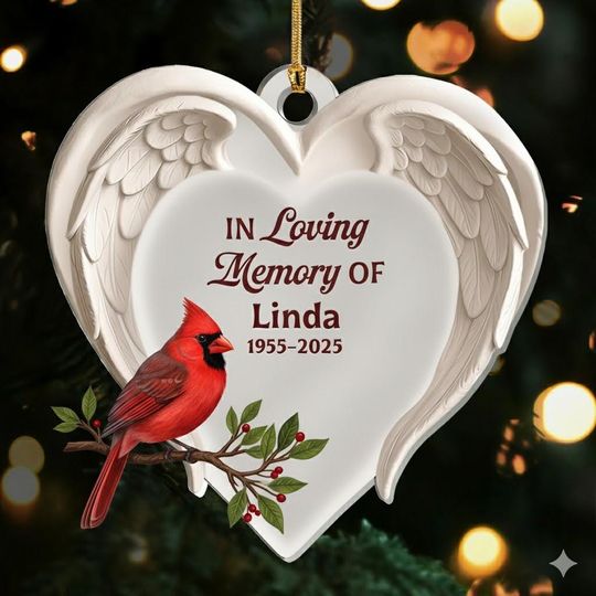 Personalized Cardinal Memorial Ornament, In Loving Memory Xmas Gift, Angel Wings Heart Keepsake, Custom Remembrance Decor, Sympathy Ornament