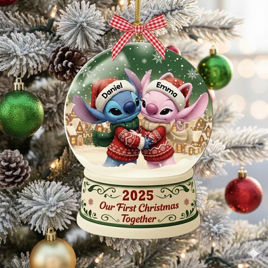 Discover Personalized Stitch and Angel Christmas Ornament, Disney Couple Xmas Gift, Our First Christmas Together 2025, Custom Name Holiday Keepsake