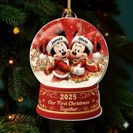Discover Personalized Disney Couple Christmas Ornament, Mickey & Minnie Custom Name Holiday Tree Decoration, First Christmas 2025 Keepsake