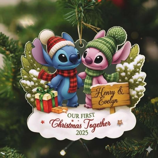 Discover Personalized Disney Couple Christmas Ornament, Stitch and Angel Custom Name Ornament, First Christmas Together 2025 Keepsake Gift