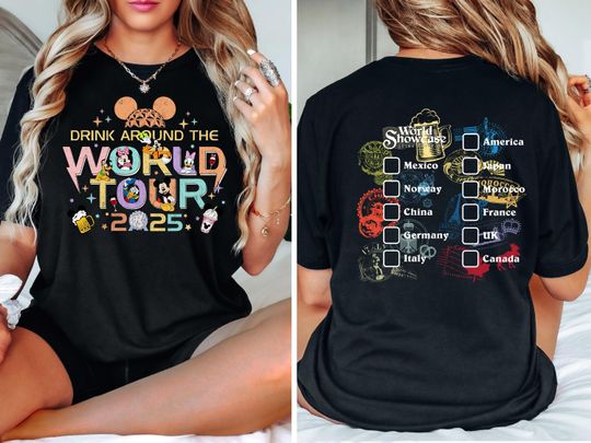 Discover Epcot World Tour 2026 Shirt, Drink Around The World Tour T-Shirt, Epcot World Showcase Two Sided Tee, Mickey And Friends Drinking Team