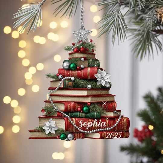 Discover Book Lover Christmas Ornament 2025, Personalized Acrylic Ornament, Custom Name Gift for Readers, Book Tree Holiday Decor, Literary Keepsake