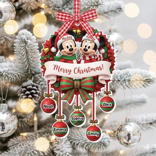 Discover Disney Family Christmas Ornament 2025, Personalized Acrylic Ornament, Custom Name Disney Gift, Mickey Minnie Wreath Decor, Holiday Keepsake