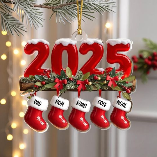 Discover Family Christmas Ornament: Personalized Family Stocking, 3D Inflated Effect Acrylic Keepsake, Holiday Tree Decor, Christmas Keepsake