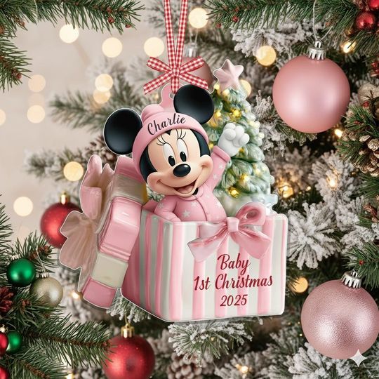 Discover Personalized Minnie Mouse Baby's First Christmas Acrylic Ornament