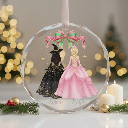 Glass Ornament Elphaba & Glinda, Wicked Musical Christmas Keepsake, Besties Holiday Gift, Emerald City Fan Decoration