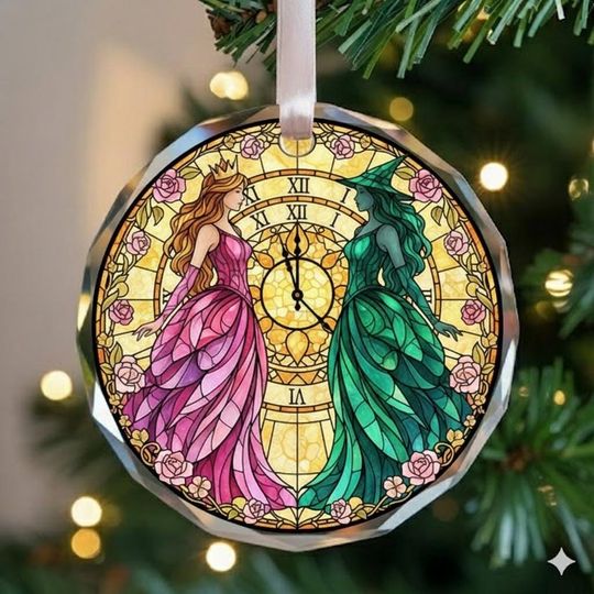 Elphaba Glinda Glass Ornament, Wicked Musical Fan Christmas Gift, Holiday Best Friends Keepsake, Emerald City Decor