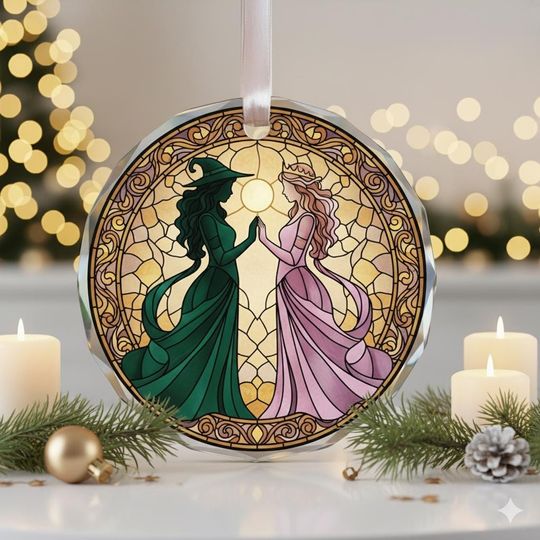 Wicked Musical Glass Ornament, Elphaba & Glinda Christmas Gift, Besties Holiday Keepsake, Emerald City Decoration