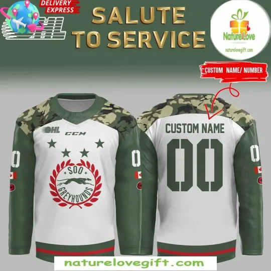 Discover Personalized Soo Greyhounds 2025 Salute to Service Green Hockey Shirt Men's Gift