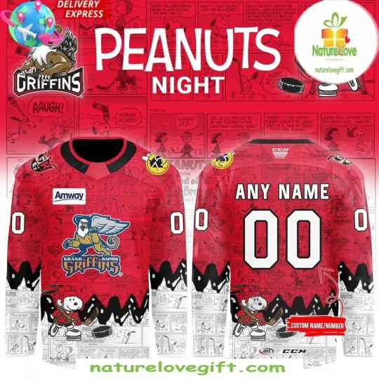 Discover Personalized Peanuts 75th Anniversary Grand Rapids Griffins Hockey Shirt Men's
