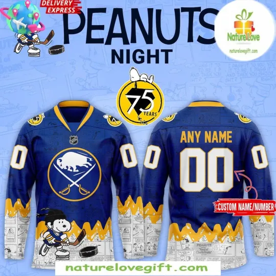 Discover Personalized Buffalo Sabres 75th Anniversary Peanuts Hockey Shirt Men's Fan Gear